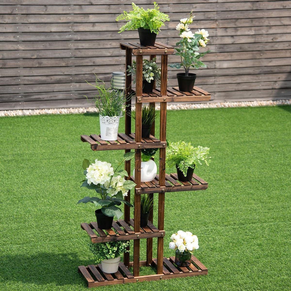 6 Tier Wood Garden Plant Stand Flower Shelf Planter Rack