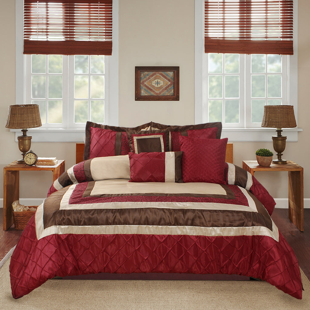 7 Piece Hypoallergenic Fade Resistant Patchwork Diamond Pintuck  Bed In A Bag Comforter Set-MYA