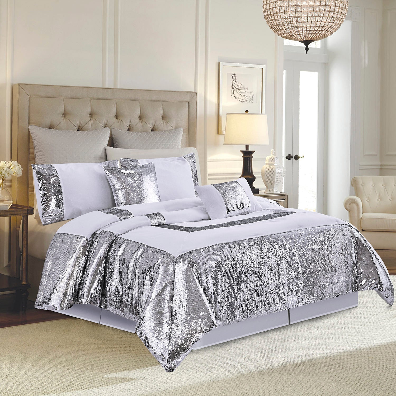 Luxurious 5 Piece Glitter & Shiny Sequins White Comforters Bed in a Bag Queen King Bedding Set