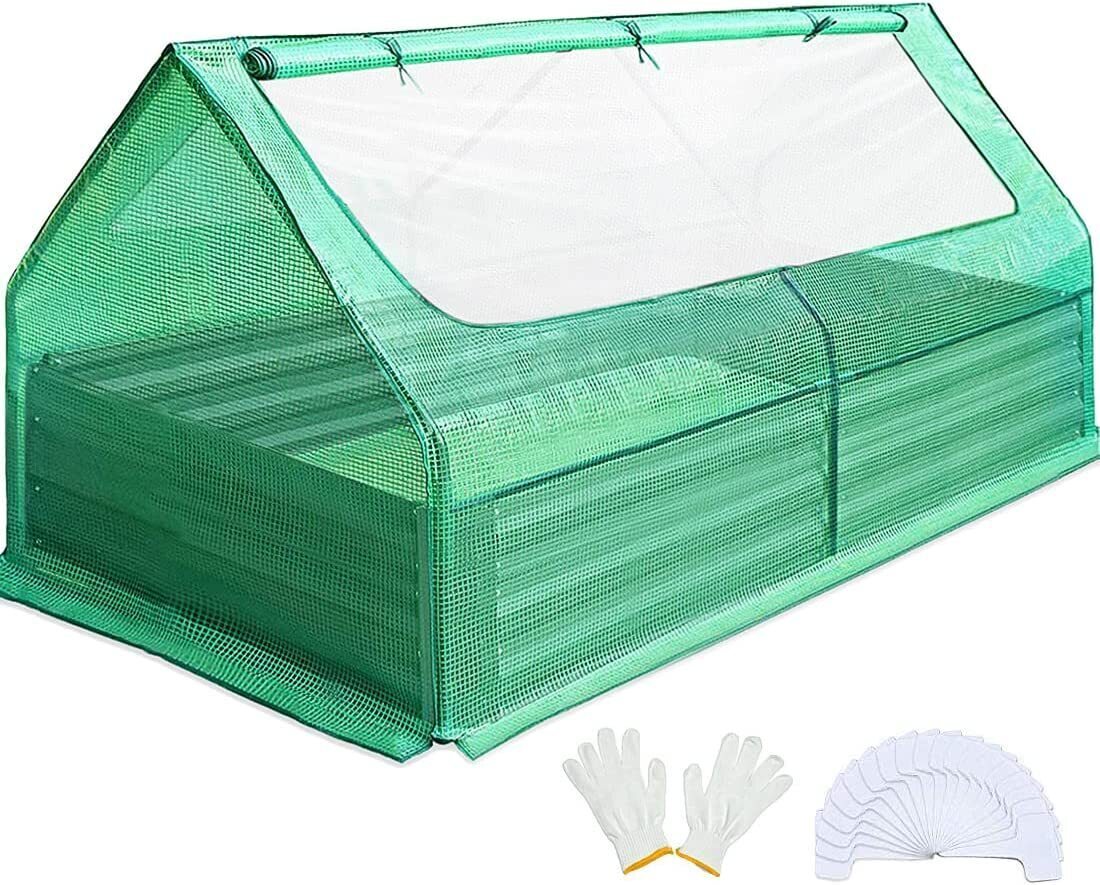 6x3x1ft Galvanized Raised Garden Bed with Cover Metal Planter Box Kit, w/ 2 Large Screen Windows Mini Greenhouse 20pcs T Tags 1 Pair of Gloves Included Outdoor Growing Vegetables