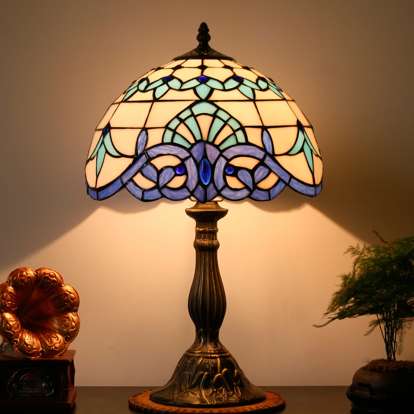 Tiffany Table Lamp Bedside Navy Blue Baroque Stained Glass Style Desk Reading Light 18