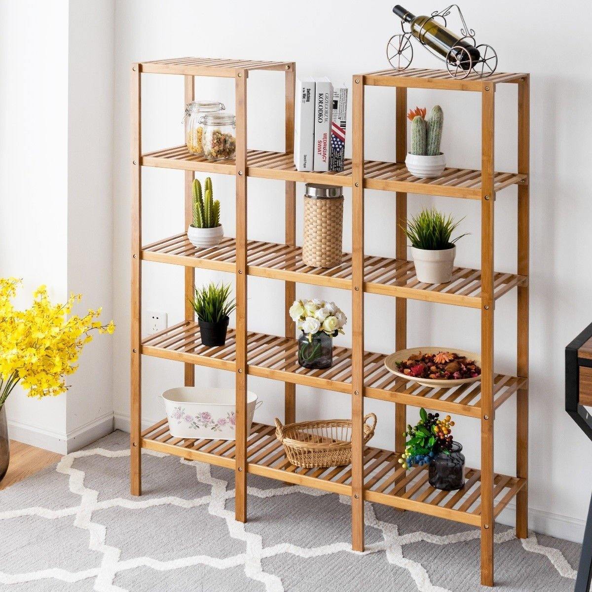 5 Tier Multifunctional Bamboo Shelf Rock Plant Display Stand (12 Pots)