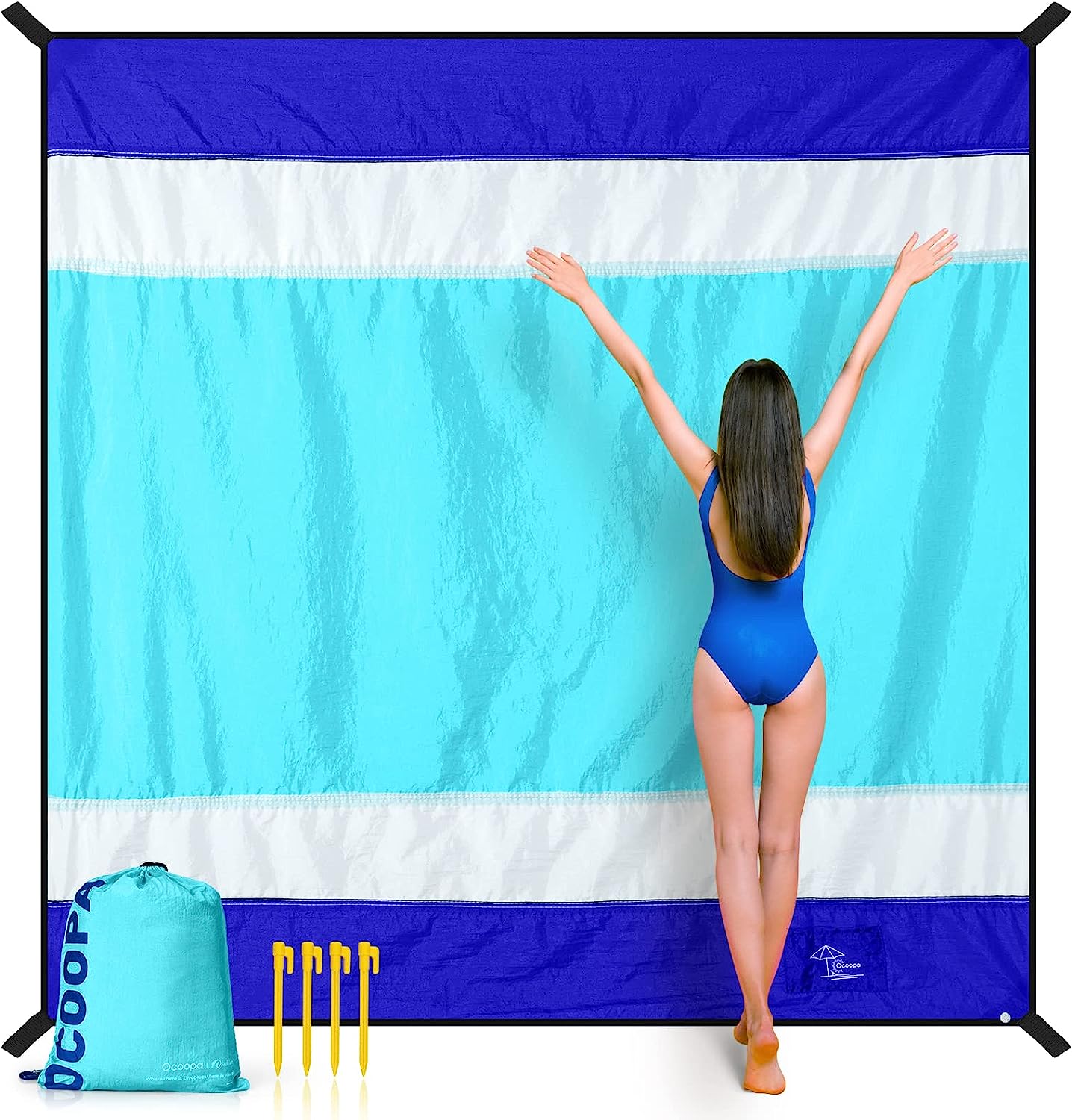 OCOOPA Diveblues Extra Large Beach Blanket, Sand Free, Large Oversized Camping Mat, Comfortable Parachute Nylon, Cozy& Chic, Compact& Light, 4 Stakes&1 Travel Bag, S09
