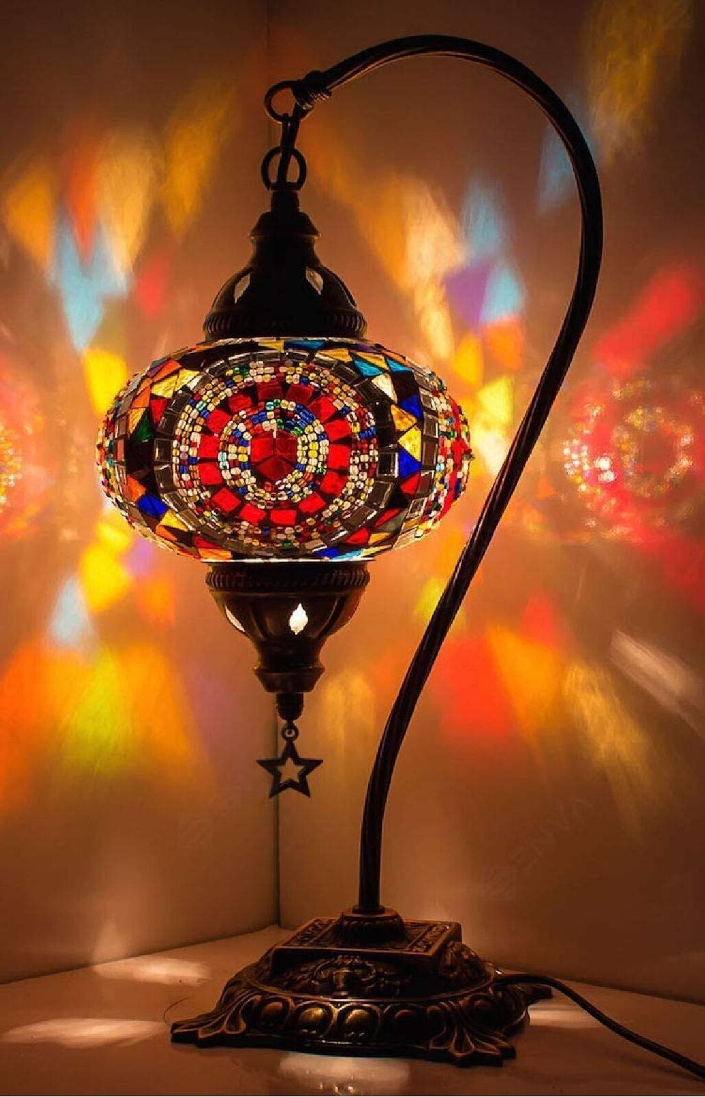 Turkish Moroccan Mosaic Table Lamp With US Plug & Socket, Swan Neck Handmade Desk Bedside Table Night Lamp Decorative Tiffany Lamp Light, Antique