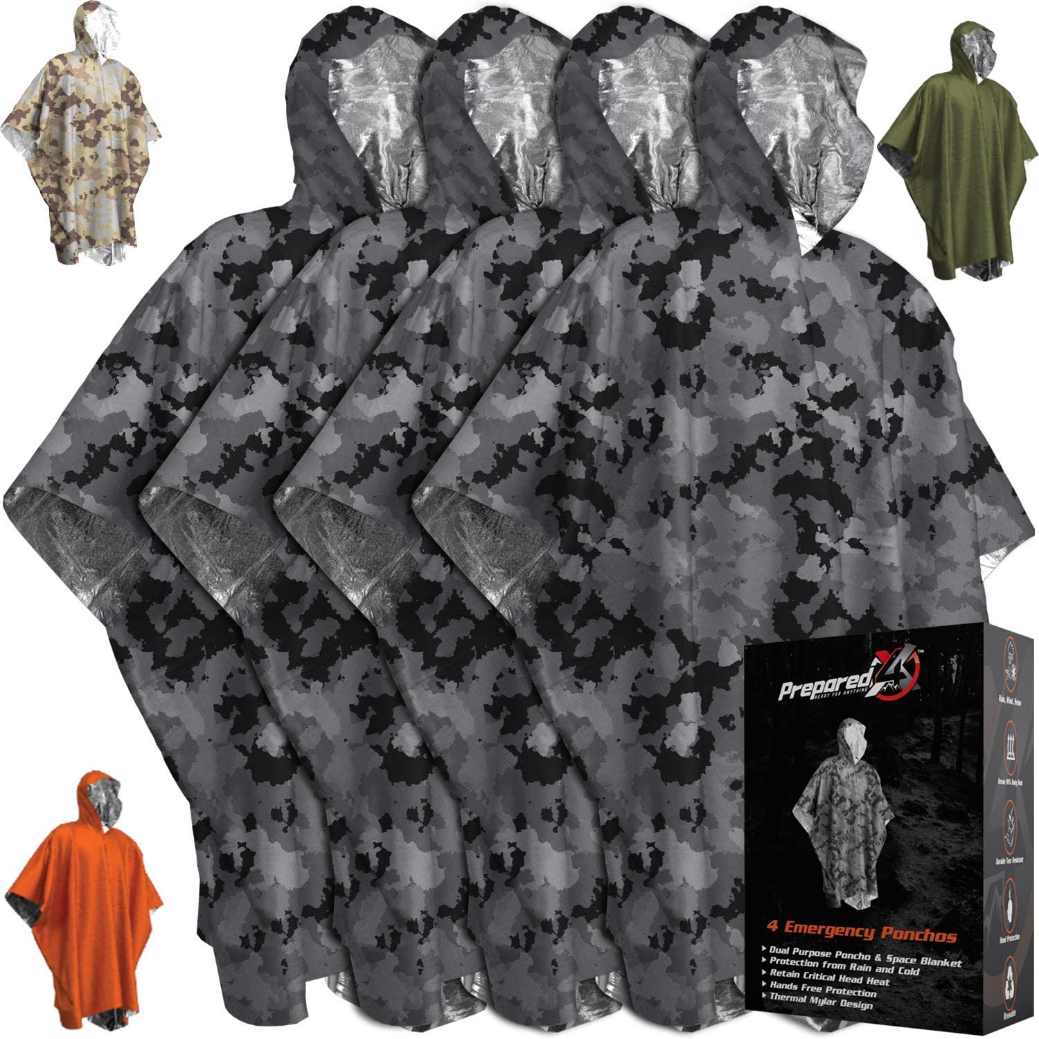 PREPARED4X Emergency Rain Poncho with Mylar Blanket Liner - Survival Blankets for Car - Heavy Duty, Waterproof Camping Gear, Tactical Prepper Supplies