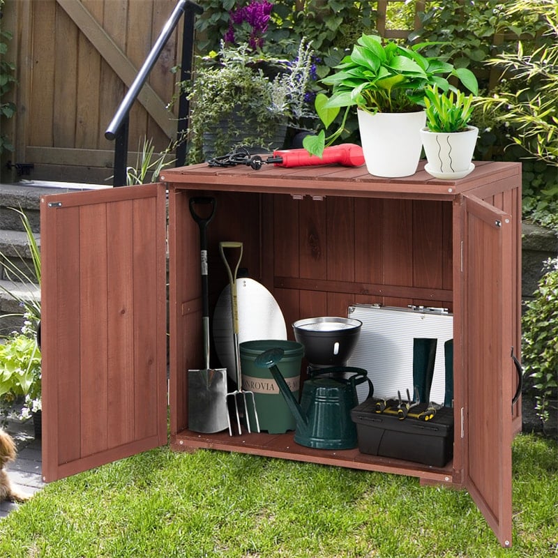 Outdoor Wood Storage Cabinet Garden Tool Shed with Double Doors for Patio Backyard