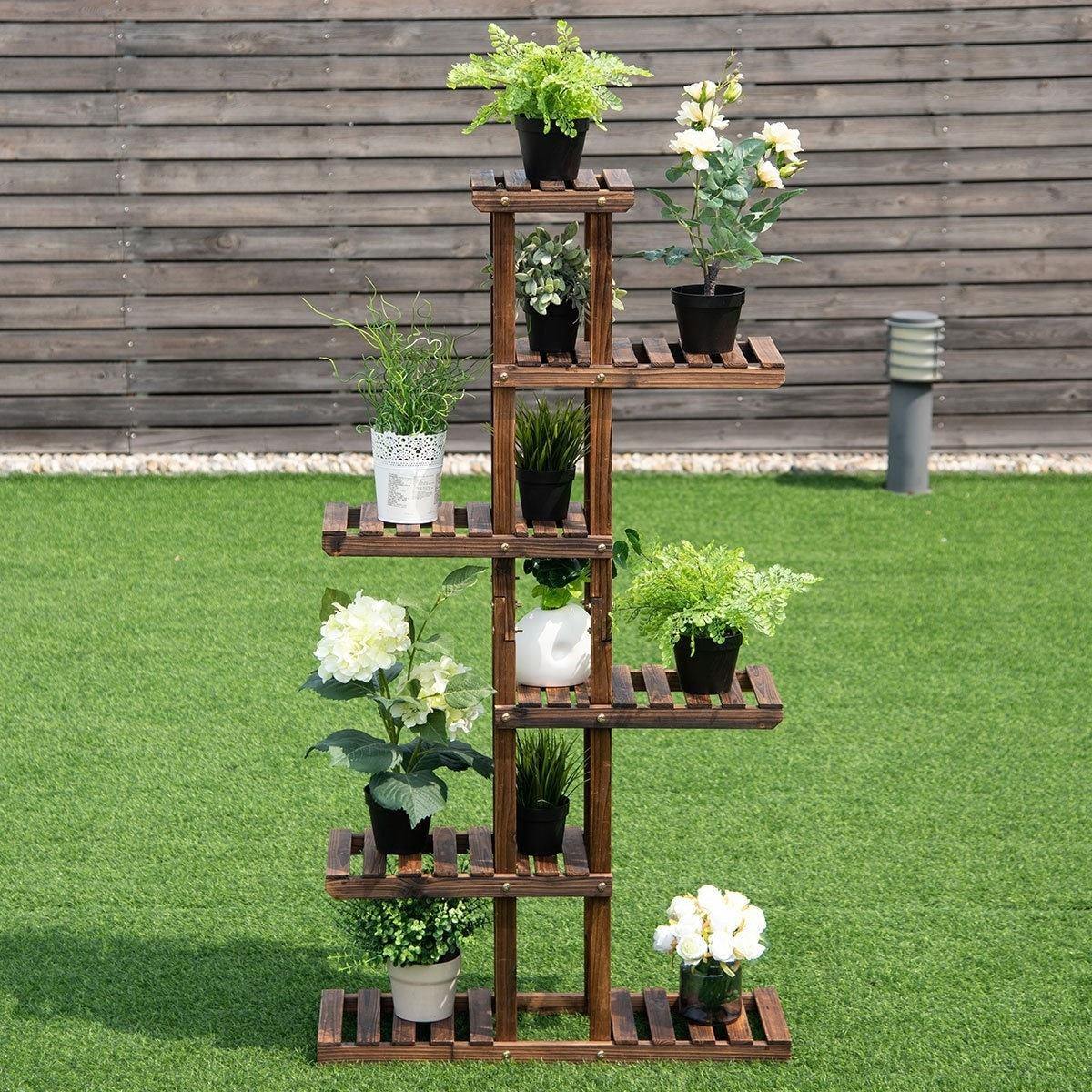 6 Tier Wood Garden Plant Stand Flower Shelf Planter Rack