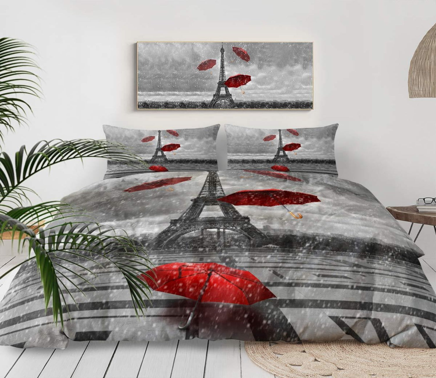 Eiffel Tower Bedding Red Umbrella in Rain Comforter Cover 3 Pieces France Duvet Cover Set