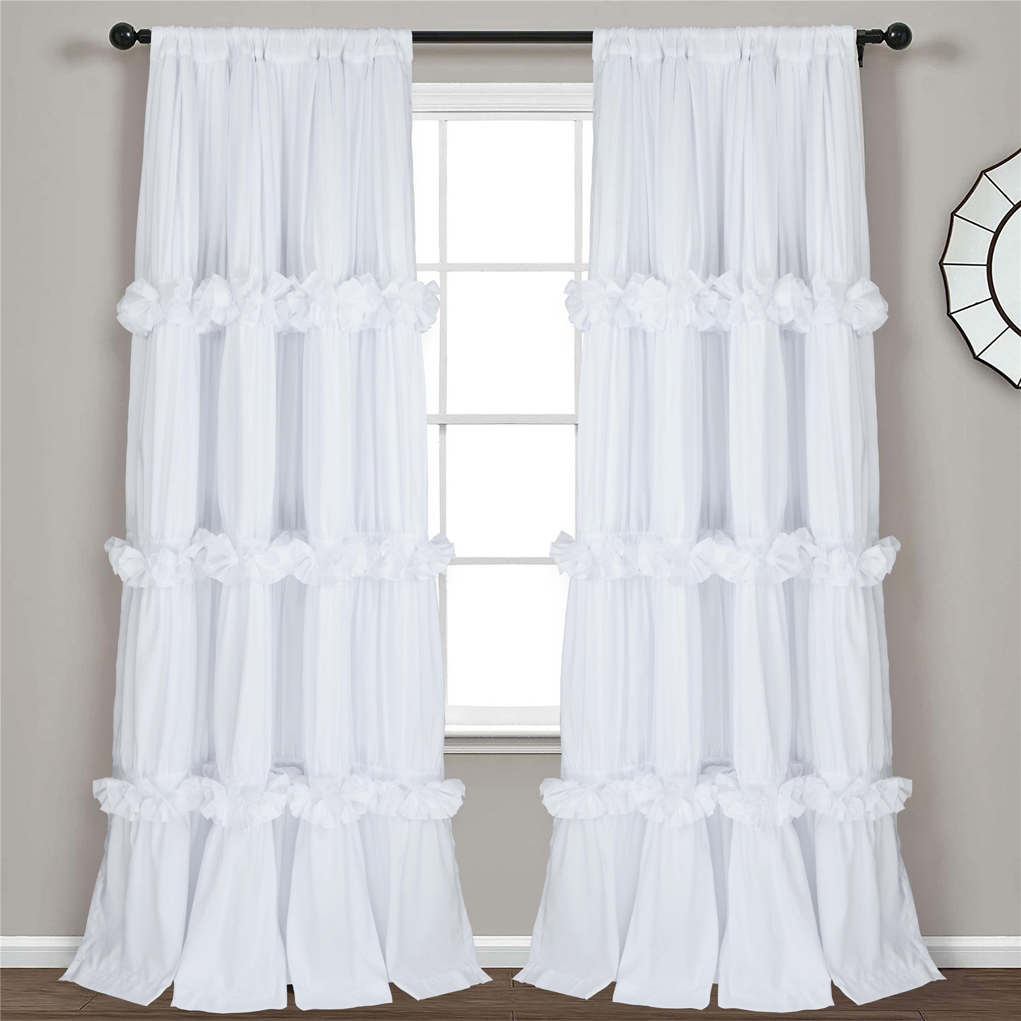 HIG Farmhouse Ruffle Window Curtains with Blackout Liner Handmade Bow Ties Drapes 2 Panels Set, 54