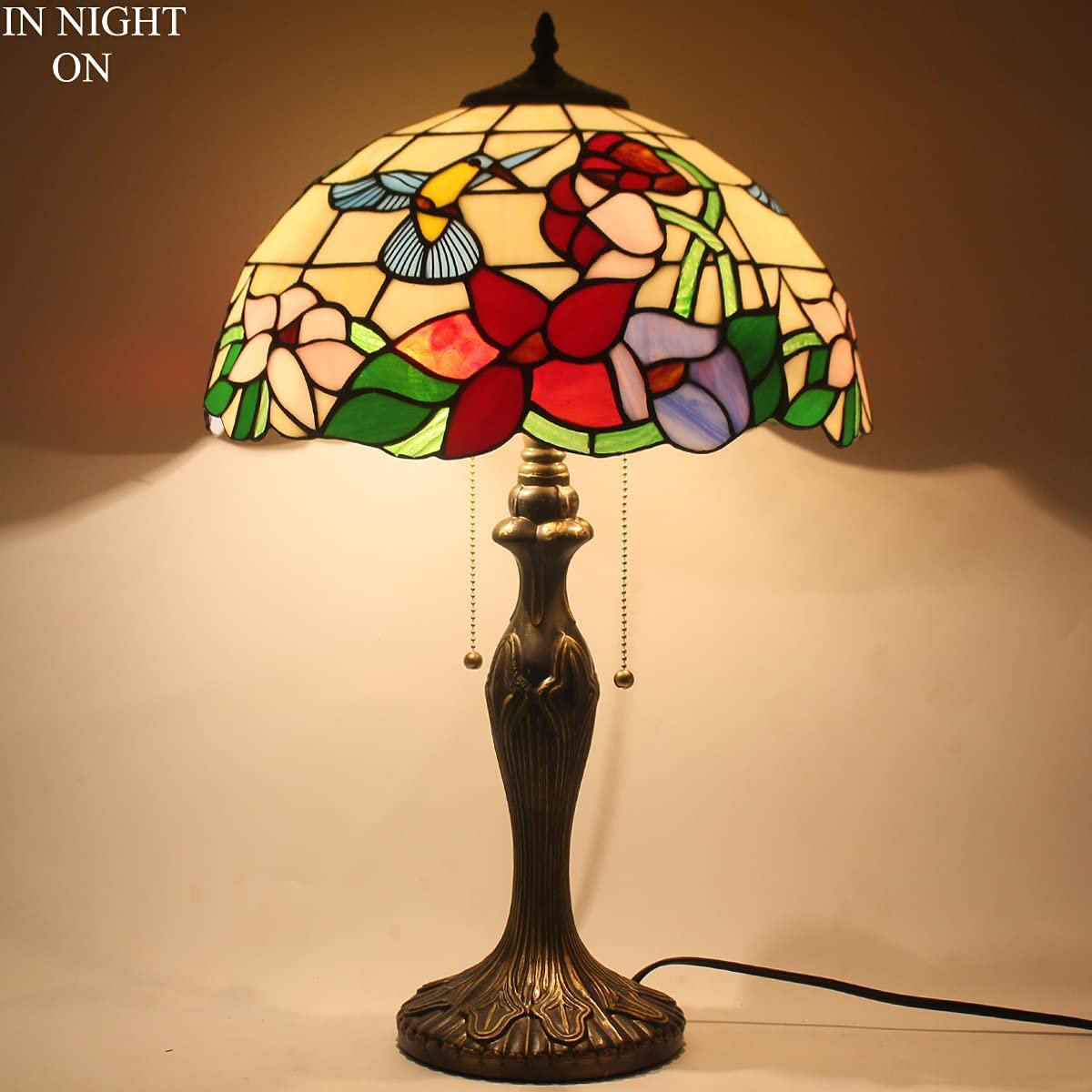 Tiffany Lamp Table Stained Glass Hummingbird Style Shade Metal Base 24