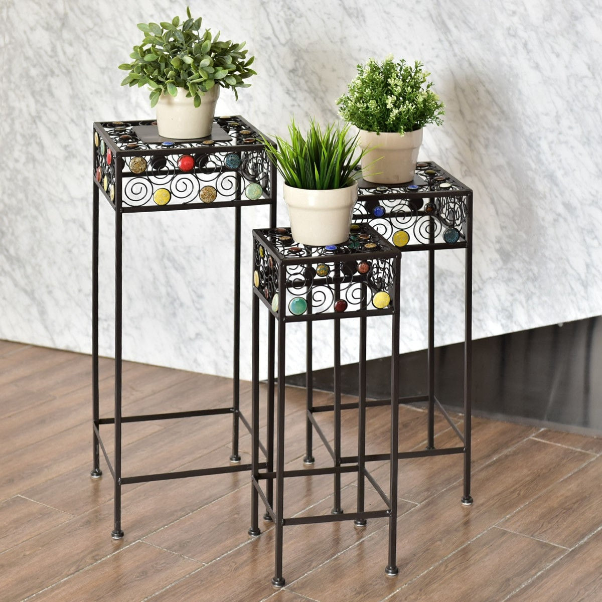 3 Pcs Square Metal Plant Stand Ceramic Beads Flower Display Rack