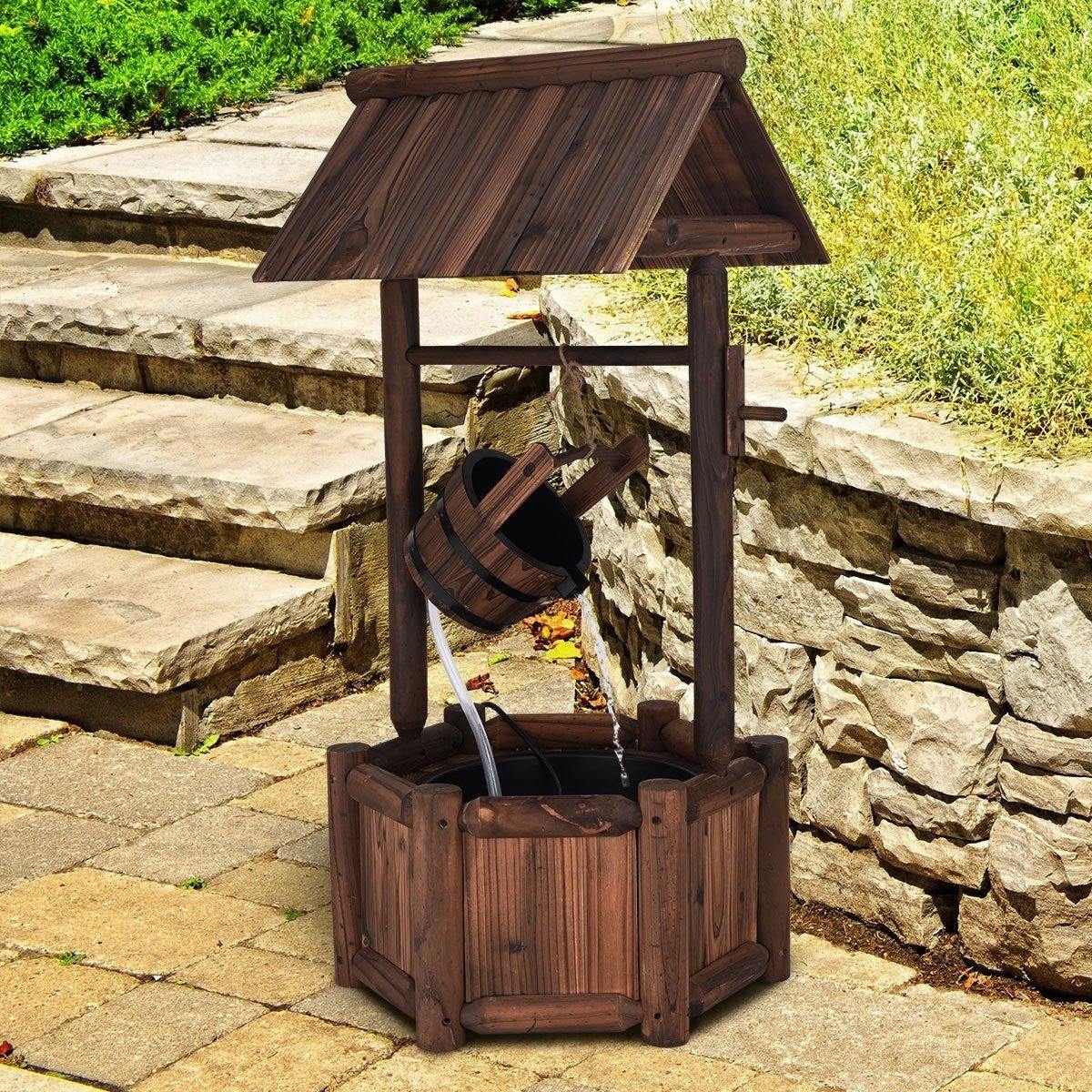 Garden Rustic Wishing Well Water Fountain Wooden Decoration Backyard with Electric Pump