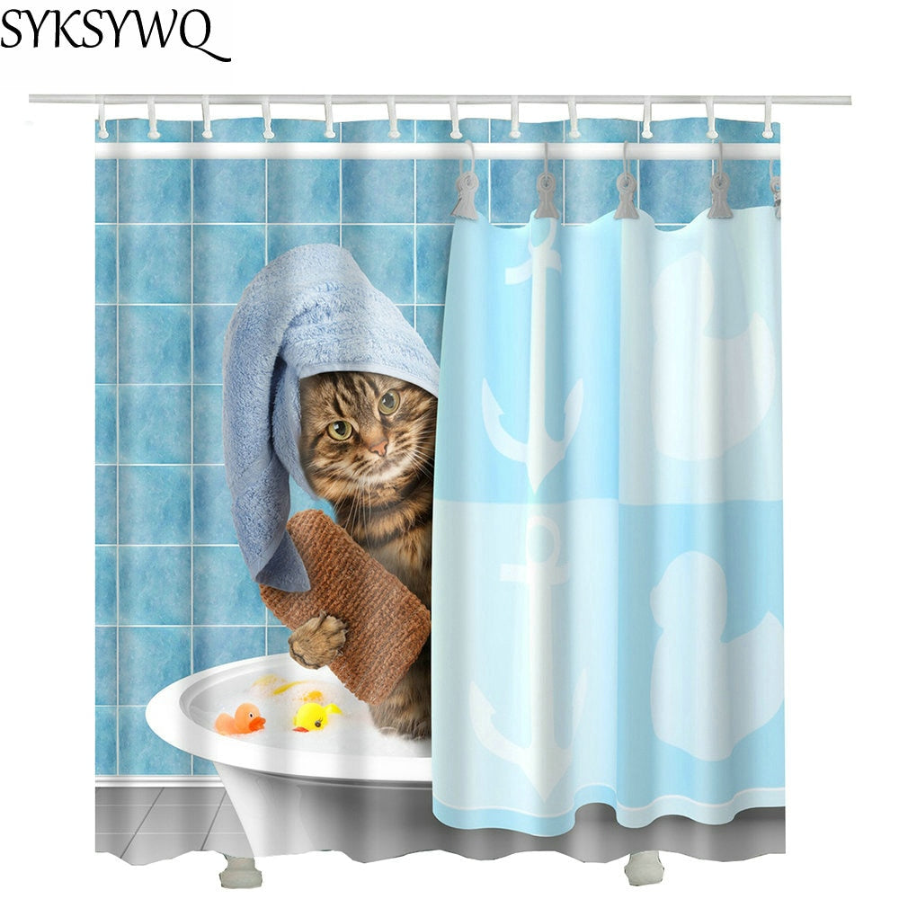 cutely pet cat take bath Shower Curtains drop shopping Creative Waterproof Polyester Fabric Shower Curtain bathroom-1