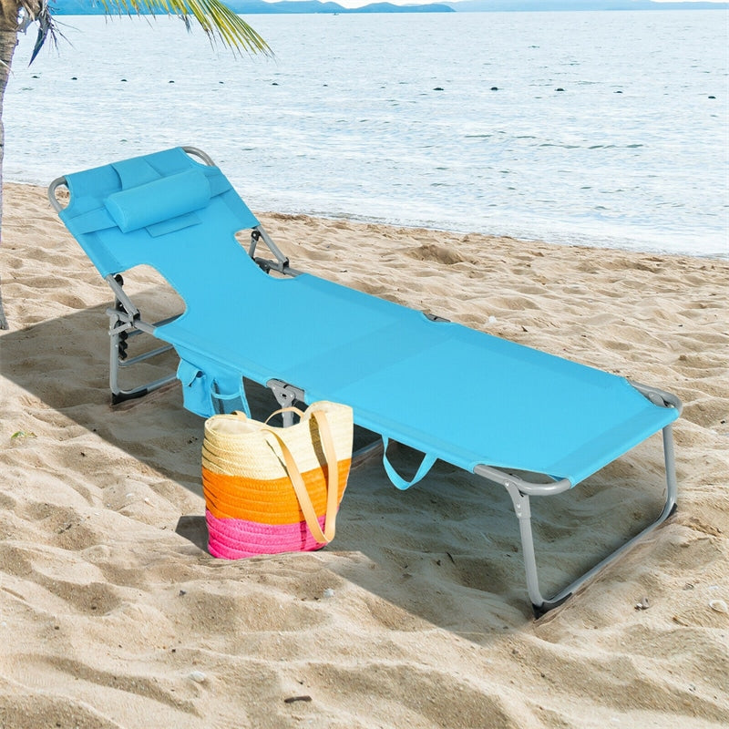 Folding Beach Lounge Chair 5-Position Adjustable Tanning Chair with Pillow for Outdoor