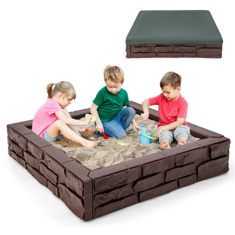 Kids Sandbox HDPE Sandpit with Cover & Bottom Liner Outdoor Sand Play Station for Backyard Lawn Beach