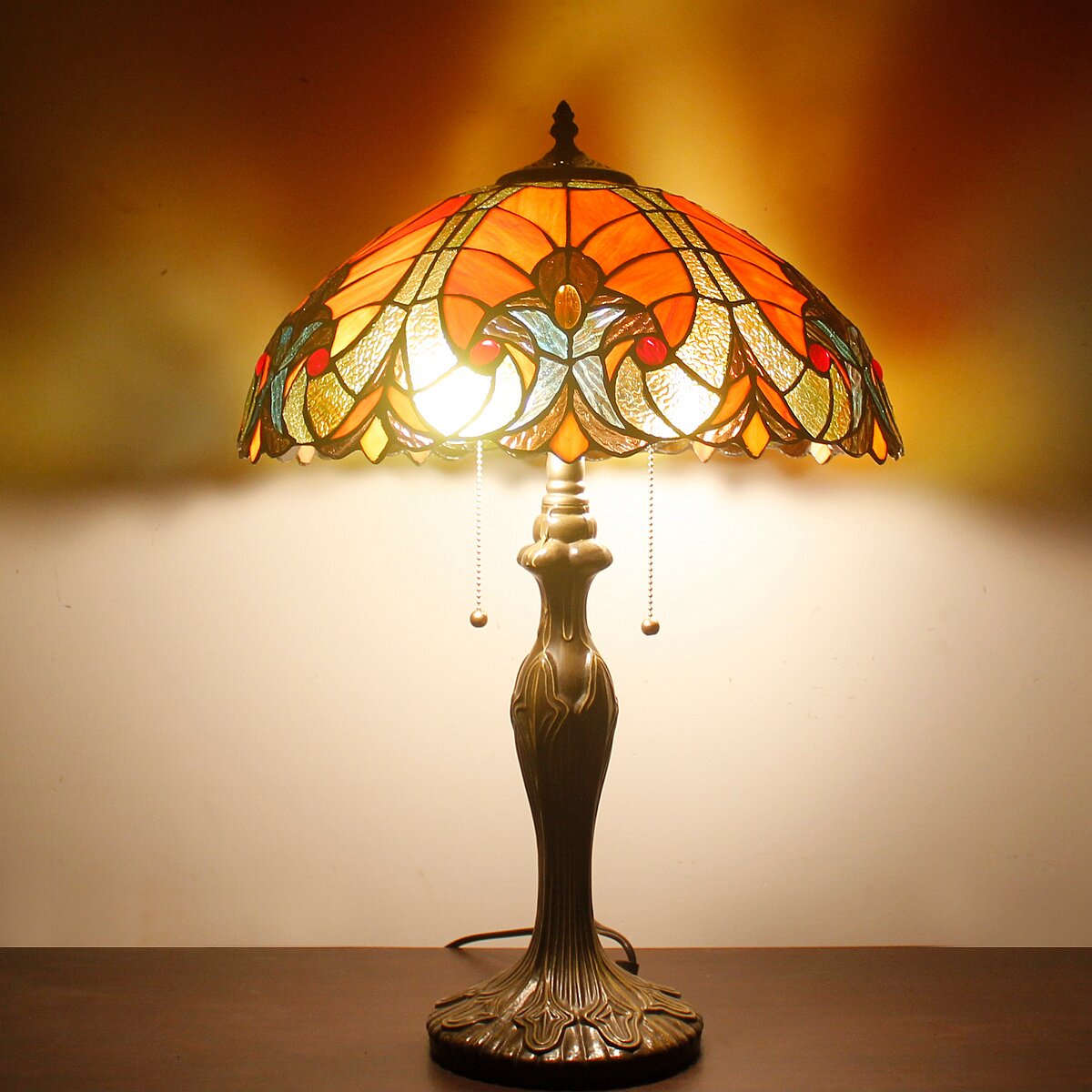 Tiffany Table Lamp Red Liaison Stained Glass Style Shade Metal Base 24