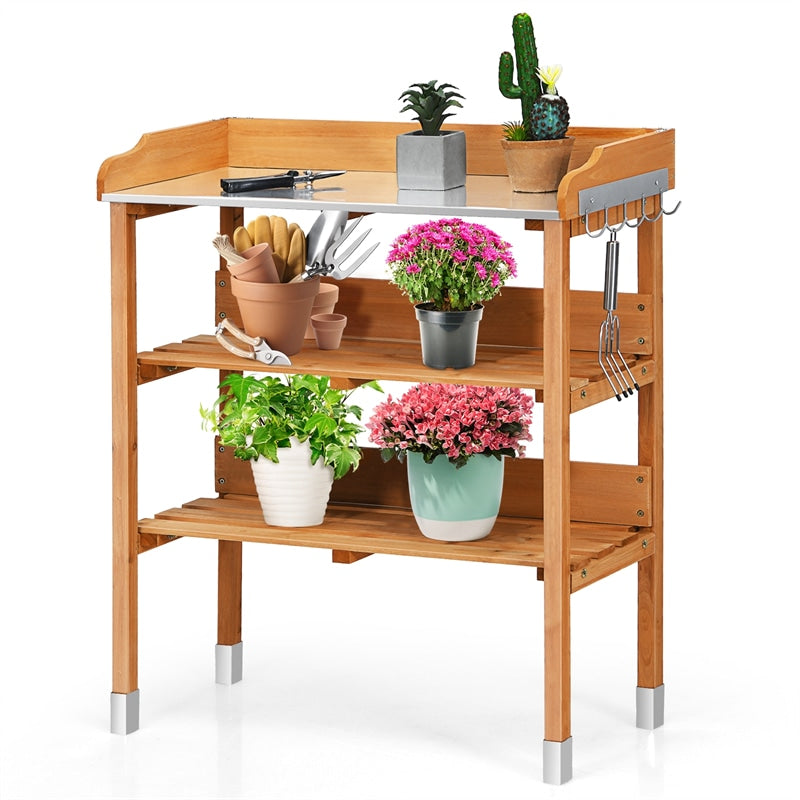 Outdoor Wooden Garden Potting Bench Work Station Storage Shelf with Hook