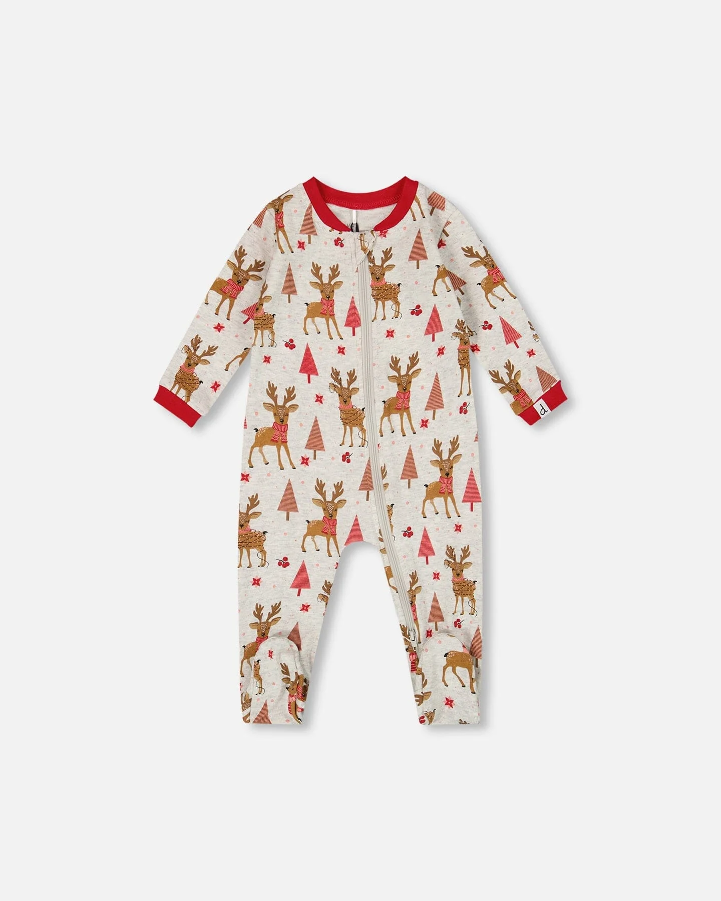 One-Piece Organic Cotton Pajama Beige Girly Reindeer Print