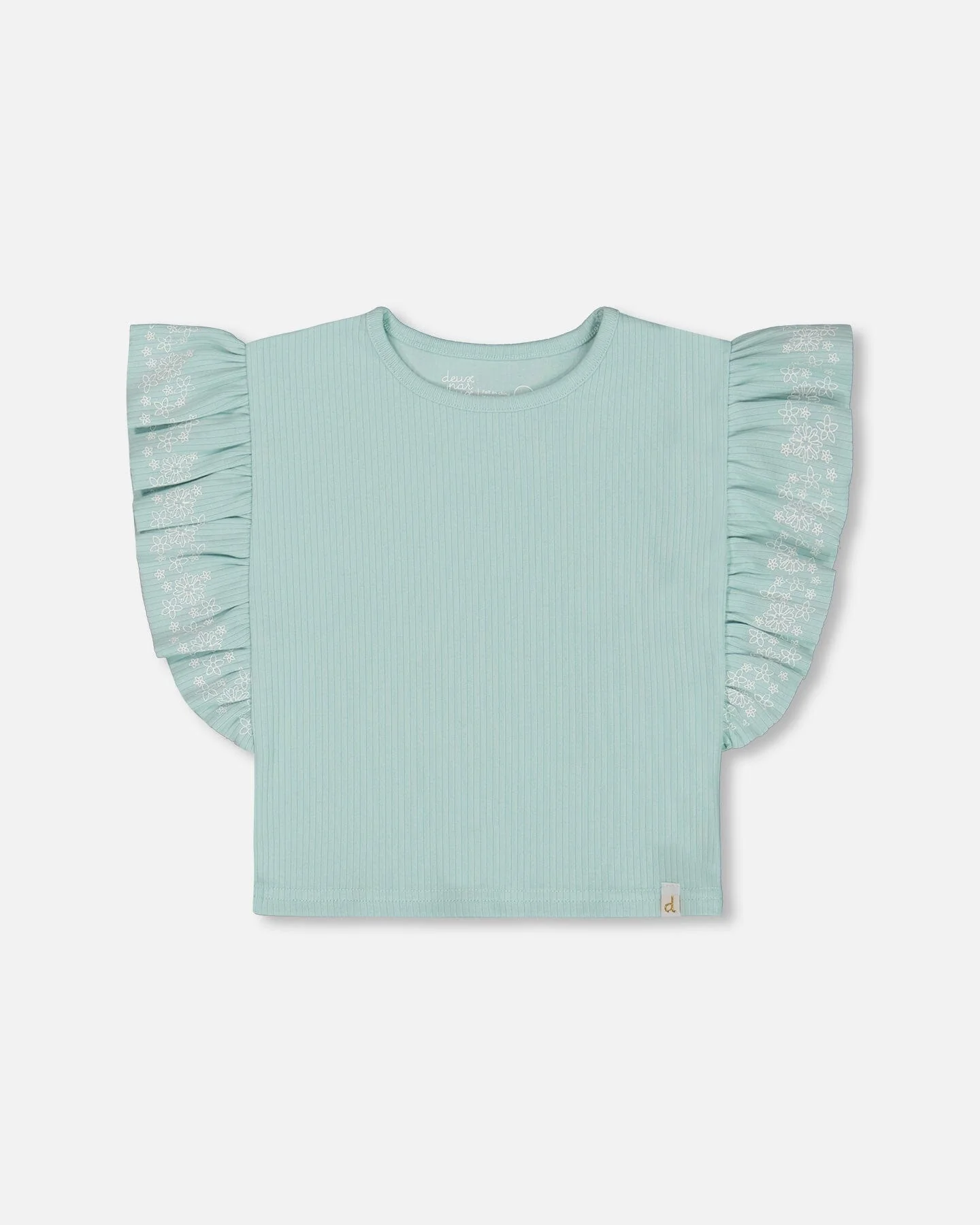 Flat Back Rib Tee With Embroidery And Frills Pale Teal