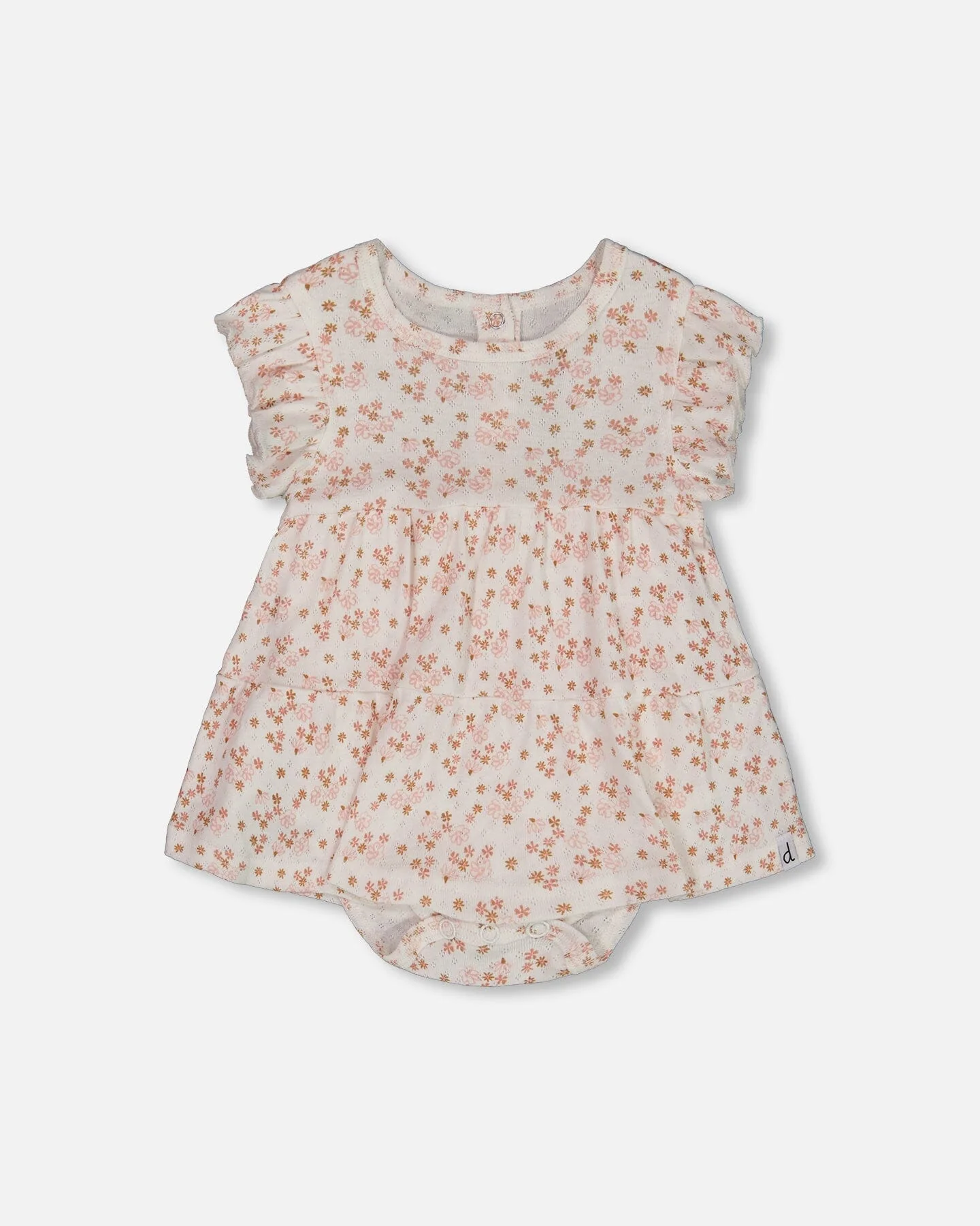 Organic Cotton Pointelle Romper Printed White And Pink Flowers