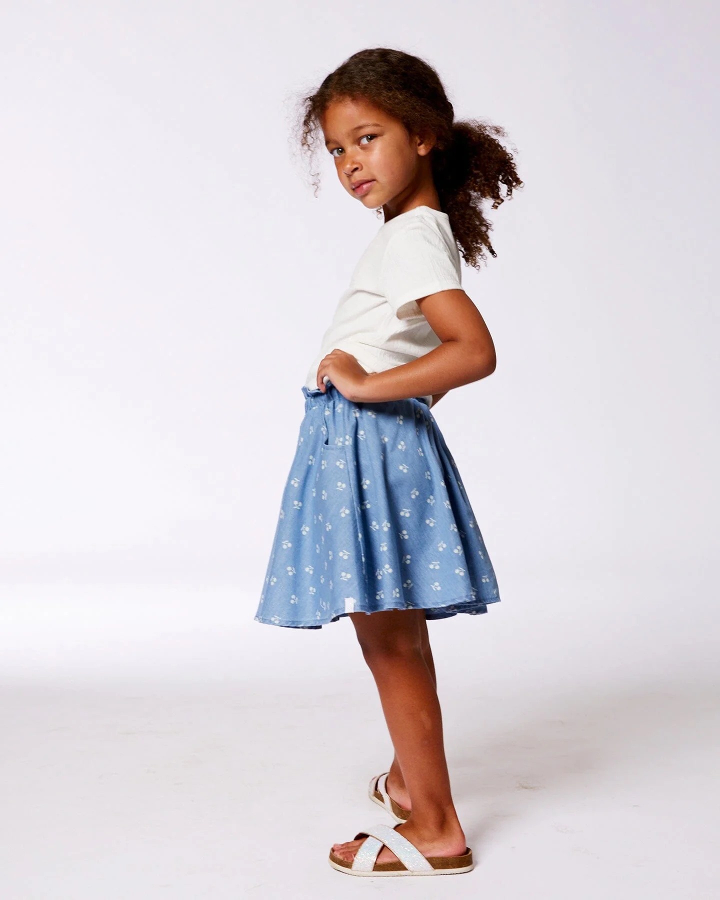 Printed Chambray Skort Blue And White Cherries