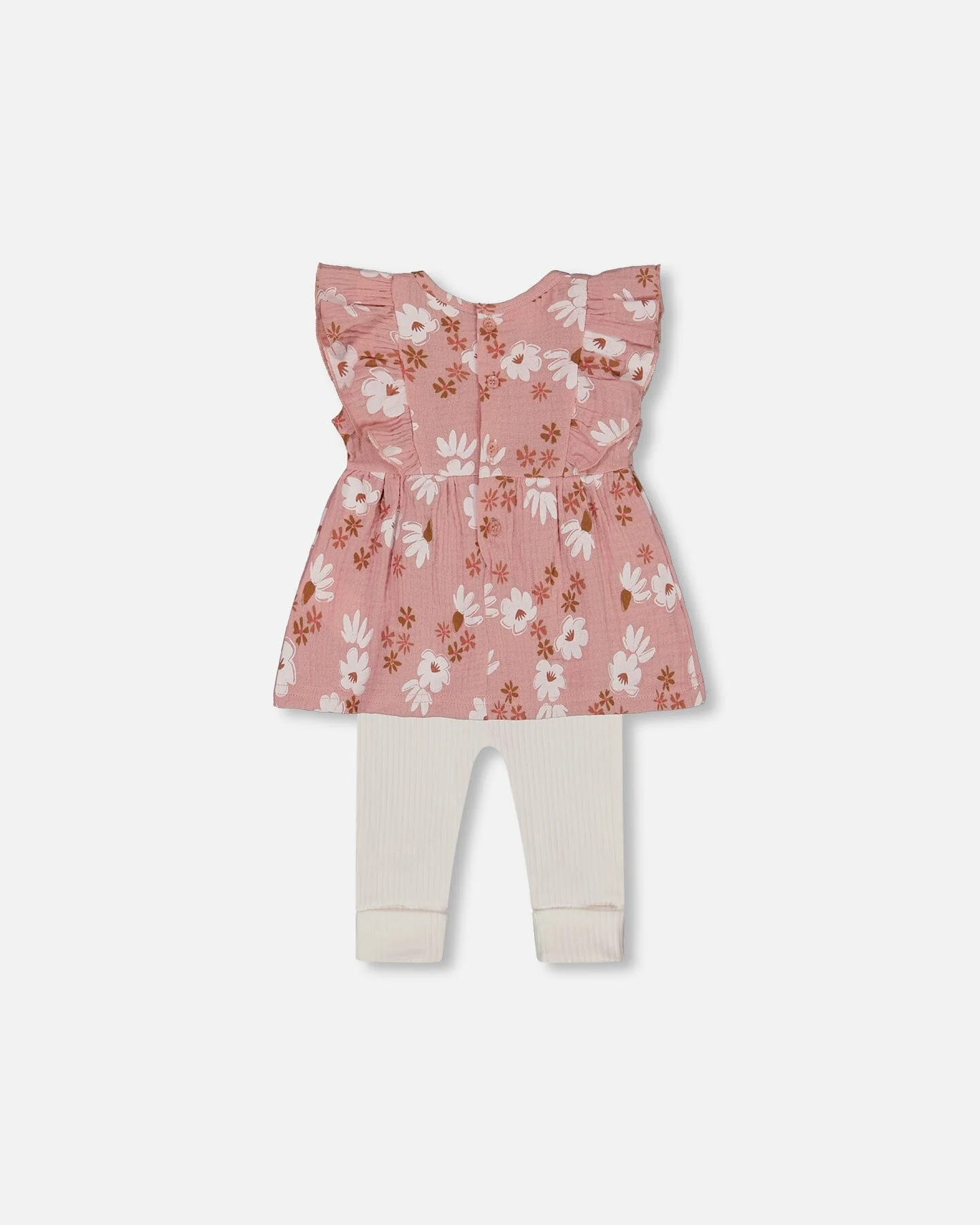 Printed Muslin Tunic And Rib Leggings Set Pink And White Flowers