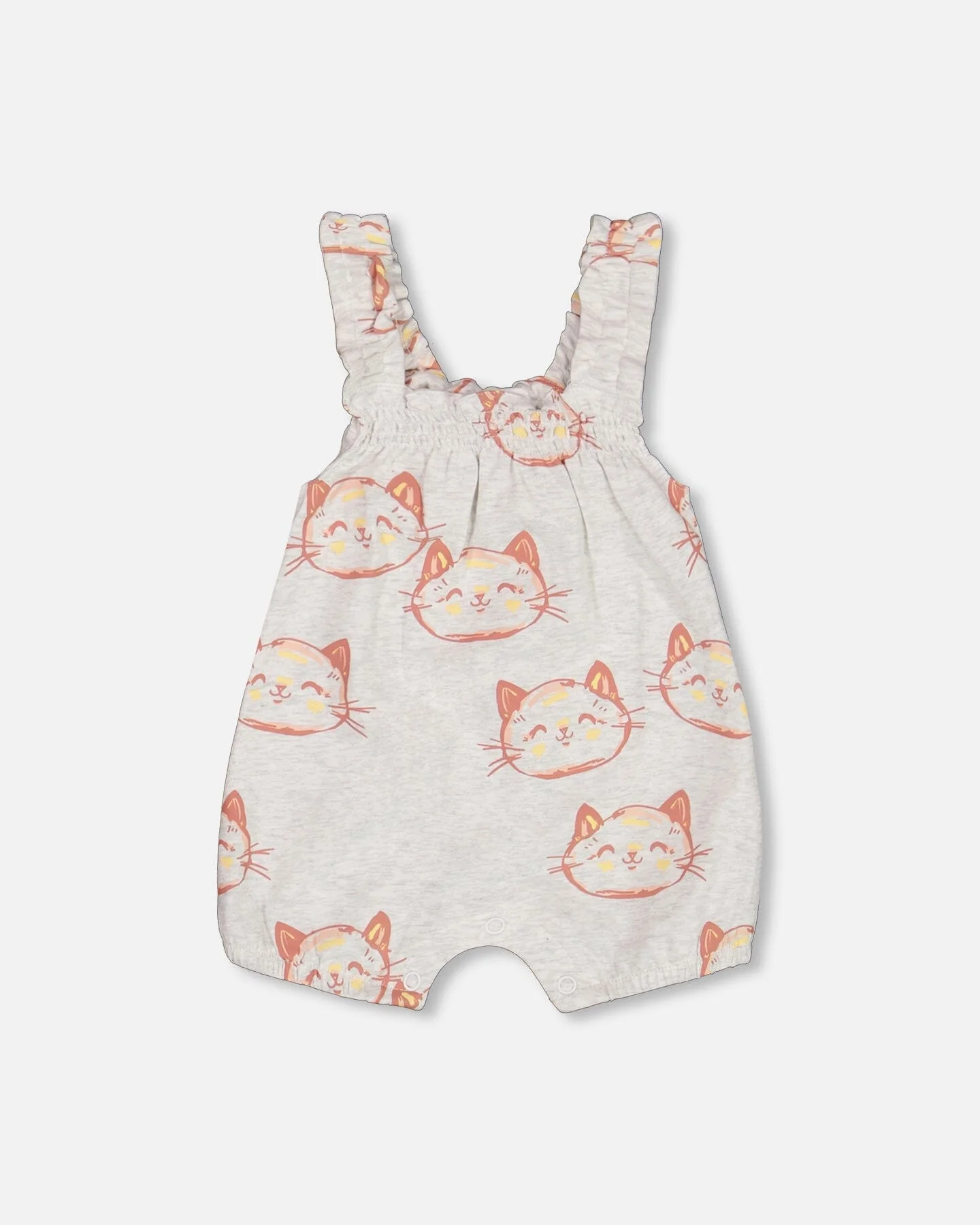 Organic Cotton Pointelle Knit Onesie And Shortall Set Heather Beige With Printed Cat