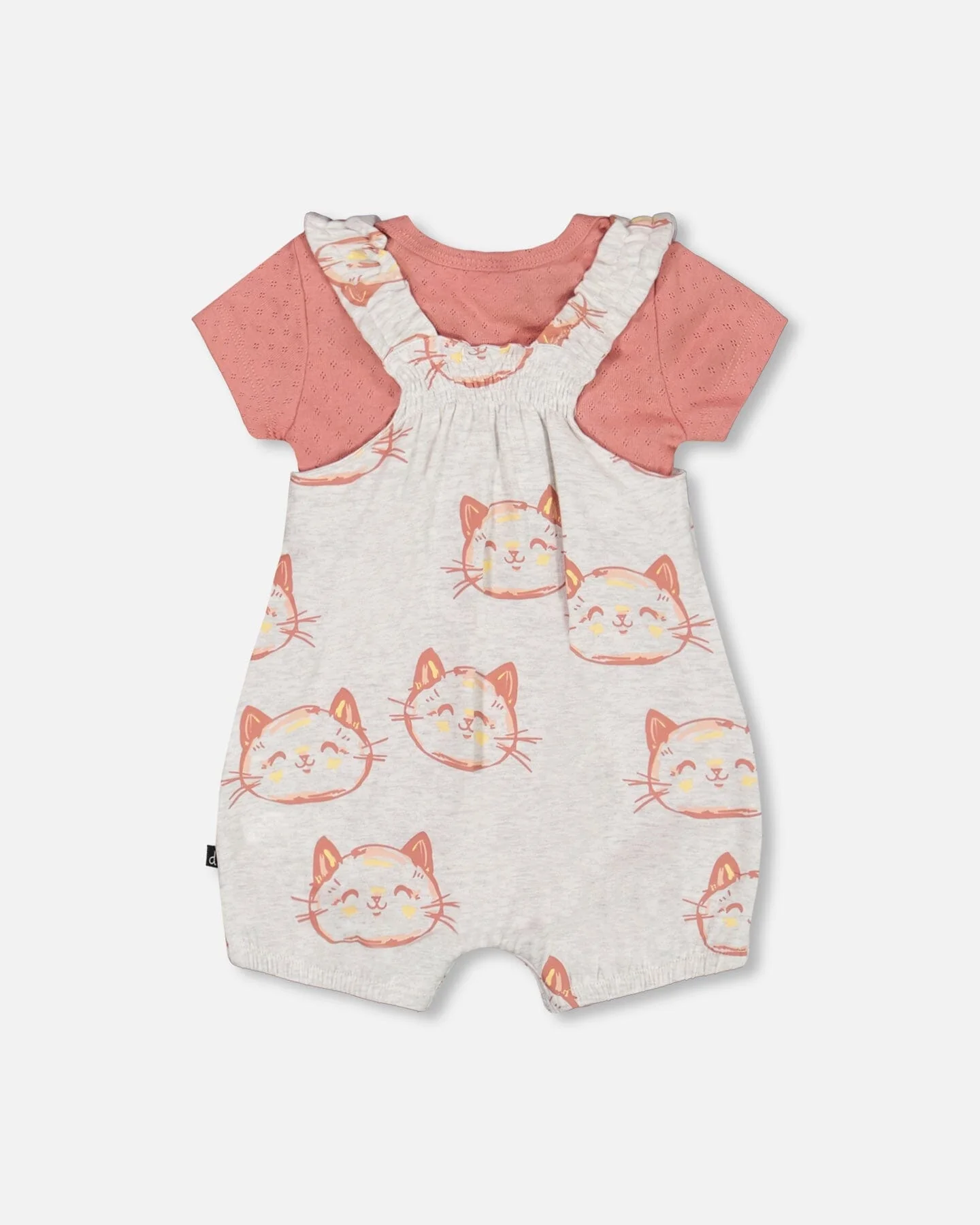 Organic Cotton Pointelle Knit Onesie And Shortall Set Heather Beige With Printed Cat