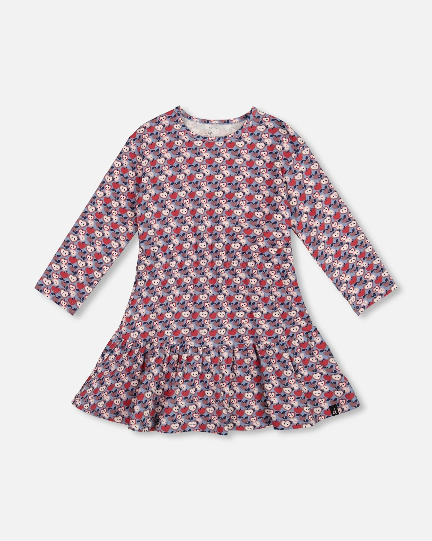 Organic Cotton Dress With Flounce Hem Blue Apple Print