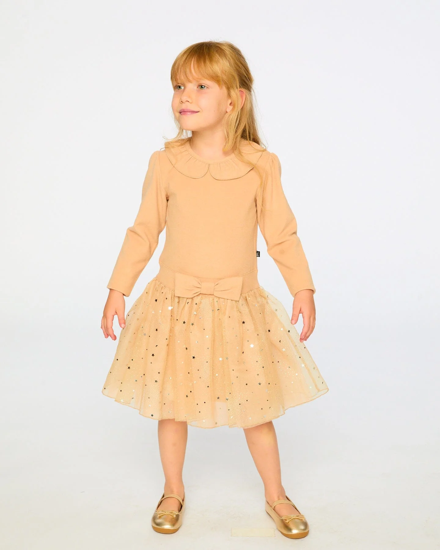 Bi-Material Dress With Glittering Skirt Beige