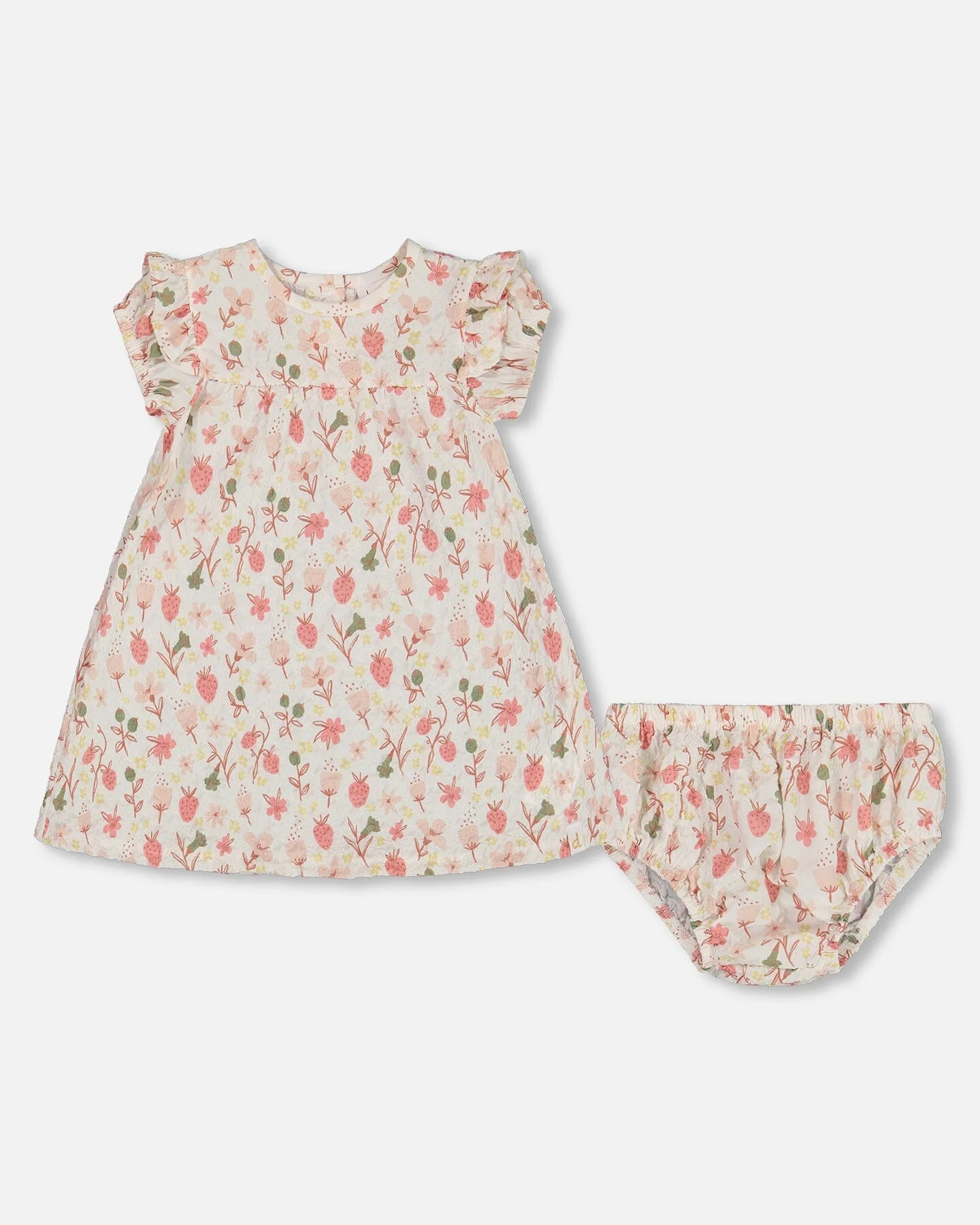 Printed Seersucker Dress And Bloomer Set Pink Flowers On Cream Background