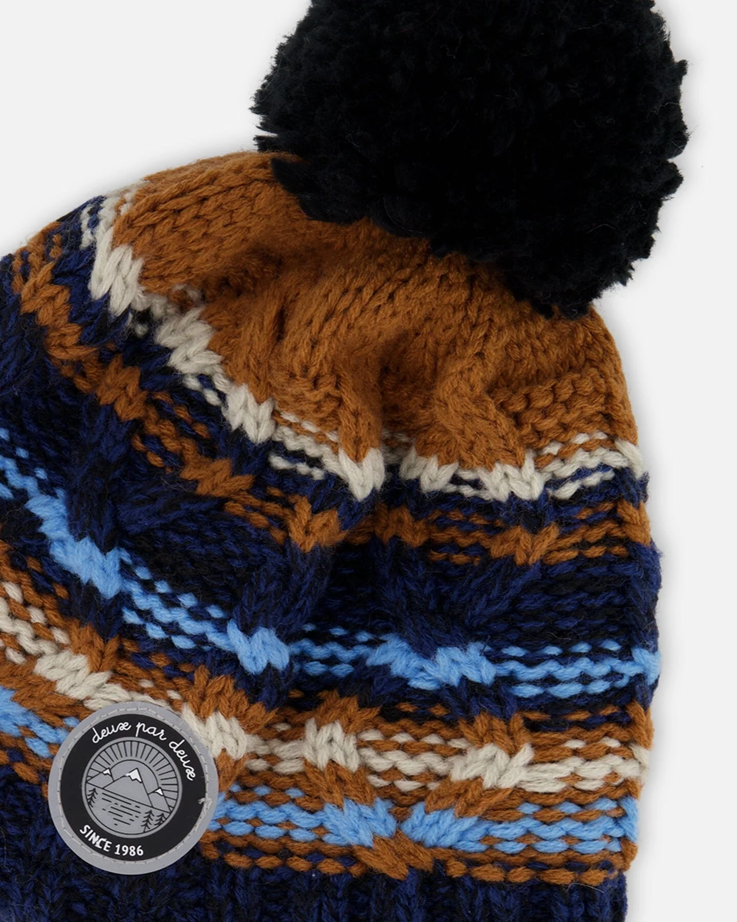 Lined Peruvian Knit Winter Hat With Pompom Taupe And Navy