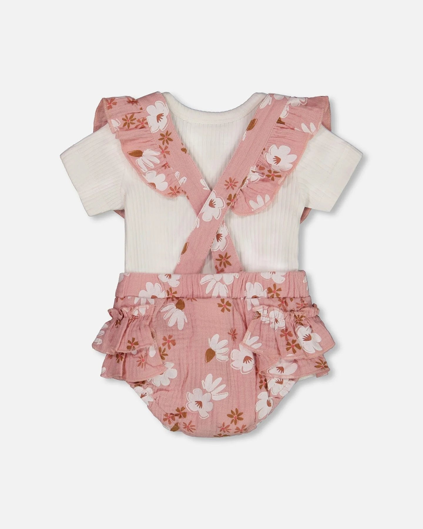 Printed Muslin Short And Organic Cotton Bodysuit Set Pink And White Flowers