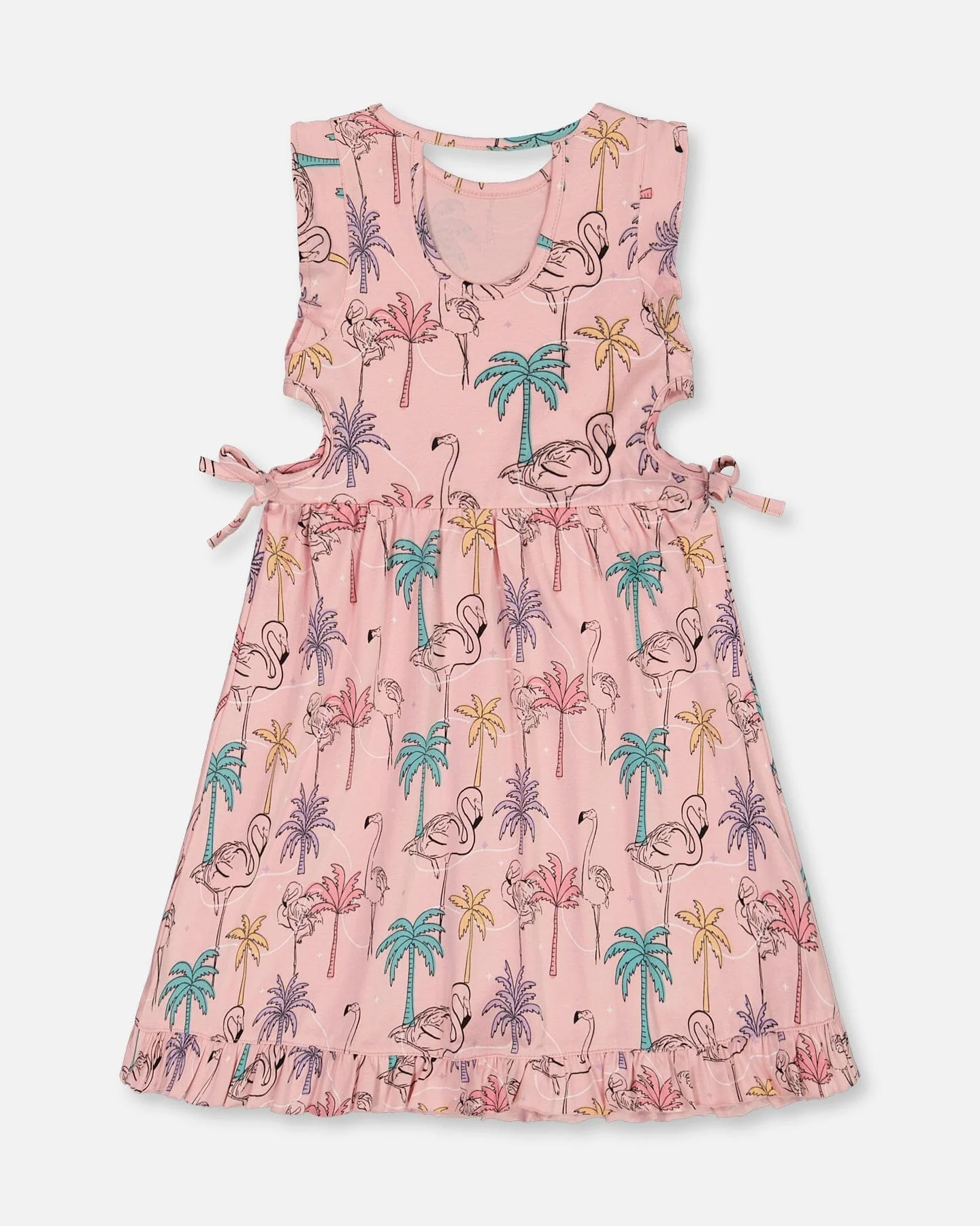 Printed Organic Cotton Dress With Cut Outs Palm Trees, Pink Flamingo, And Turquoise