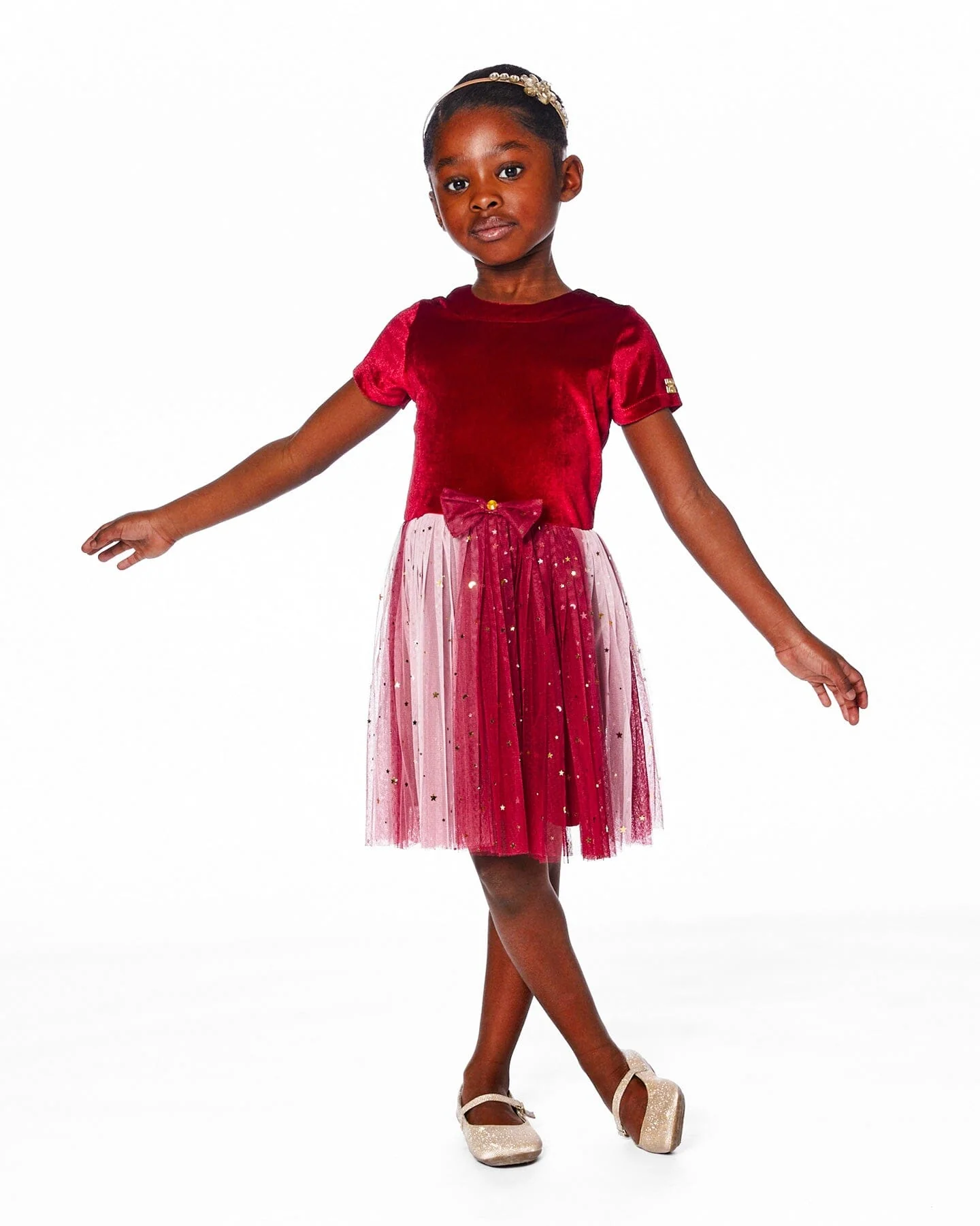 Bi-Material Short Sleeve Party Dress Red