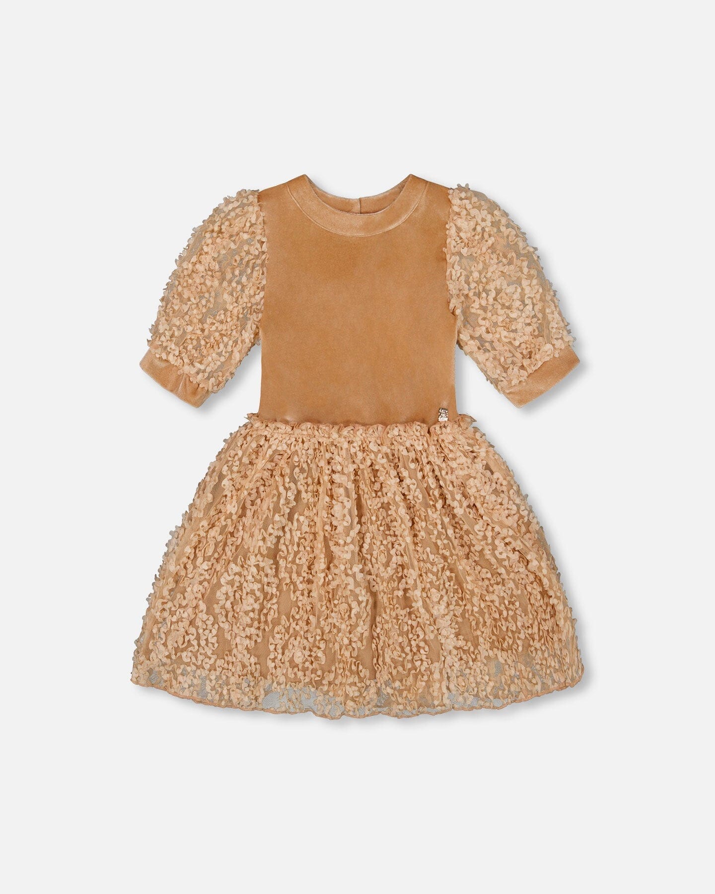 Puff Sleeve Bi-Material Velour And Lace Dress Light Caramel
