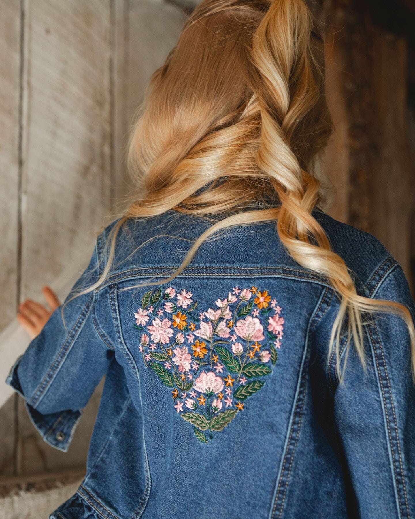 Denim Jacket Blue With Ruffle Hem And Floral Embroidery
