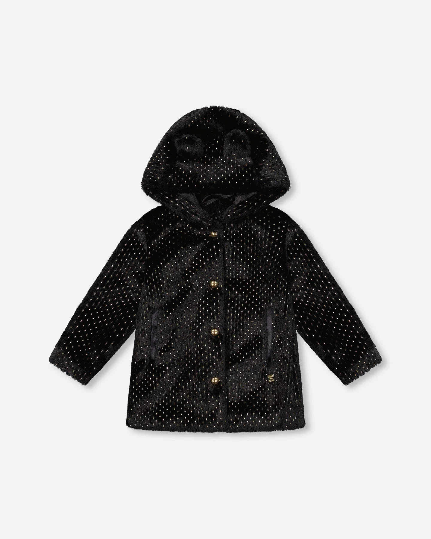 Bear Faux Fur Coat Black With Gold Polka Dots