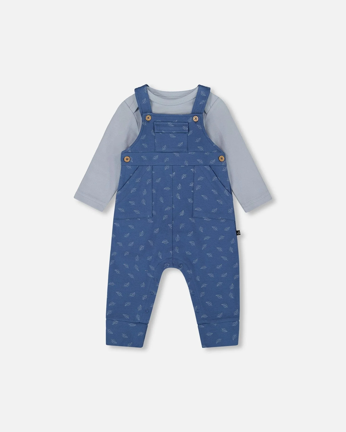 Organic Cotton Onesie And Overalls Set Blue Leaf Print