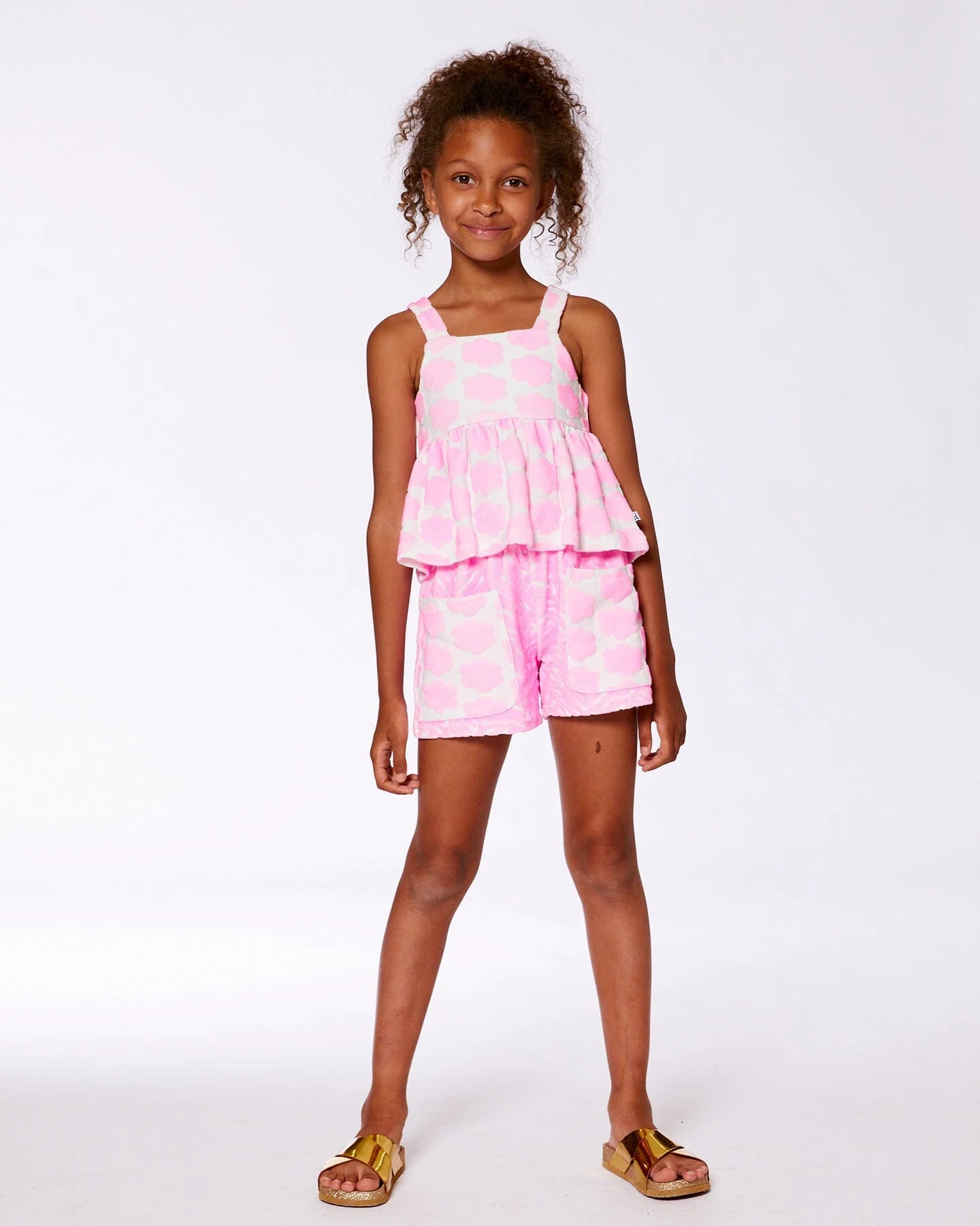 Printed Terry Tank Top And Shorts Set Vibrant Pink And White
