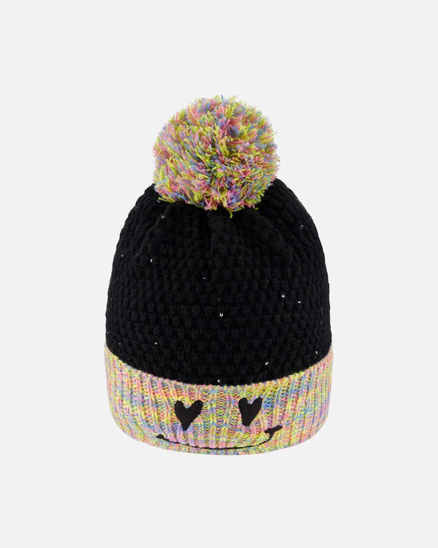Lined Knit Hat With Pompom Black And Multicolor
