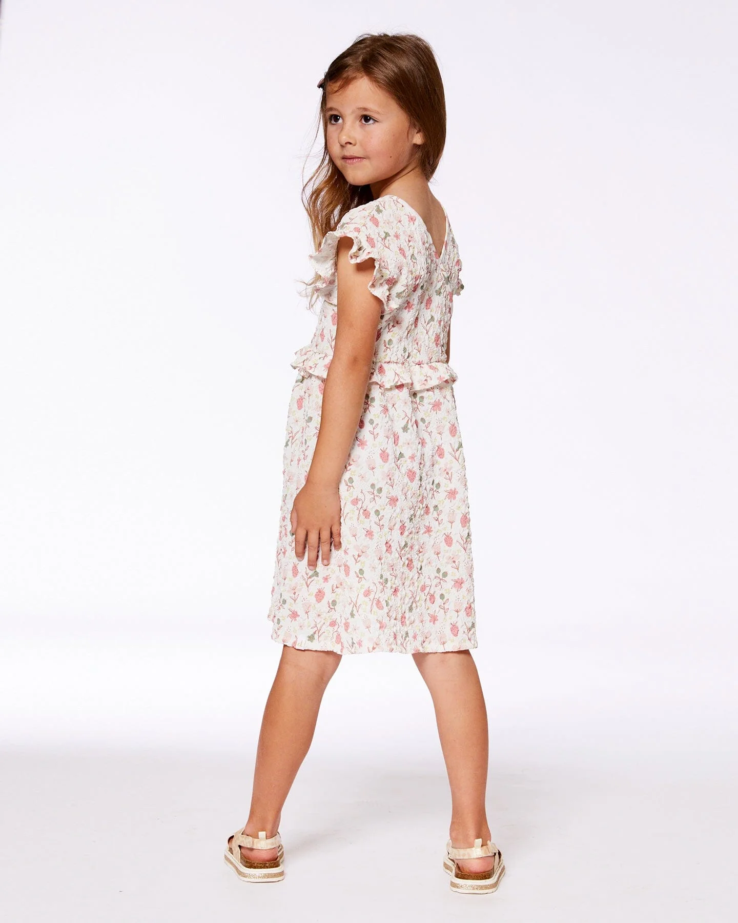 Printed Seersucker Dress With Frill Pink Flowers On Cream Background