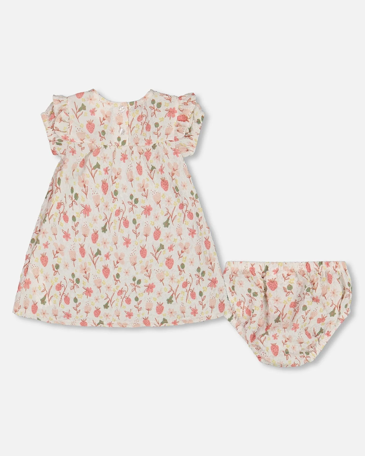 Printed Seersucker Dress And Bloomer Set Pink Flowers On Cream Background
