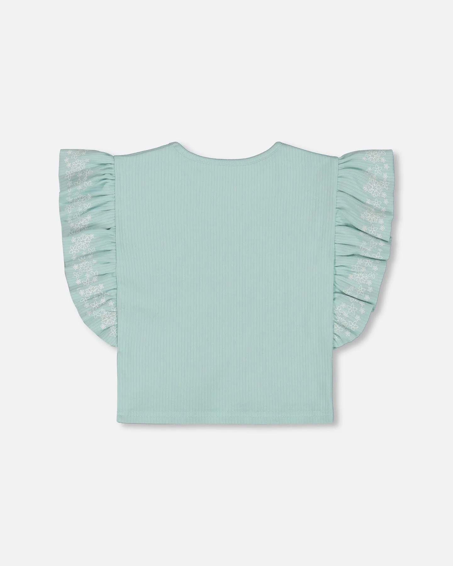 Flat Back Rib Tee With Embroidery And Frills Pale Teal