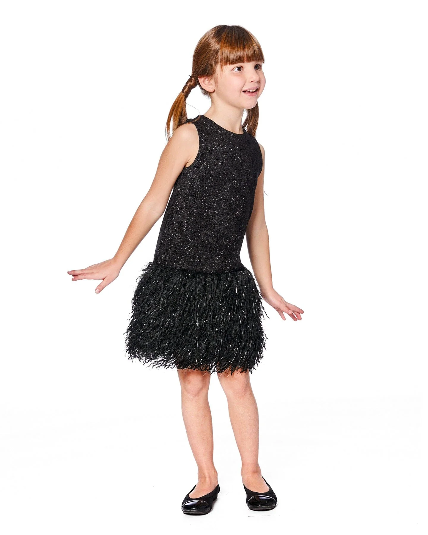 Sleeveless Bi-Material Lurex Dress With Feathers Black