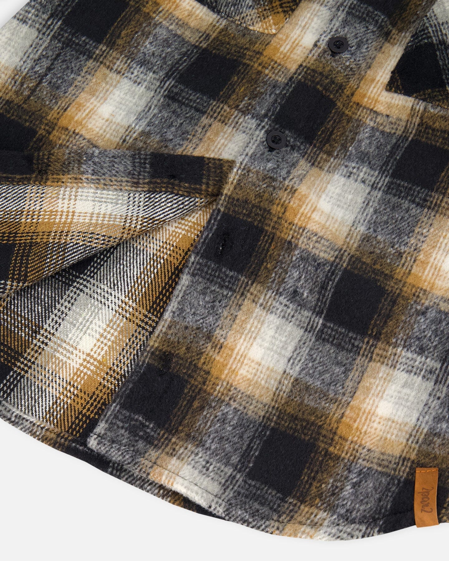 Hooded Polar Fleece Overshirt With Hood Black And Brown Plaid