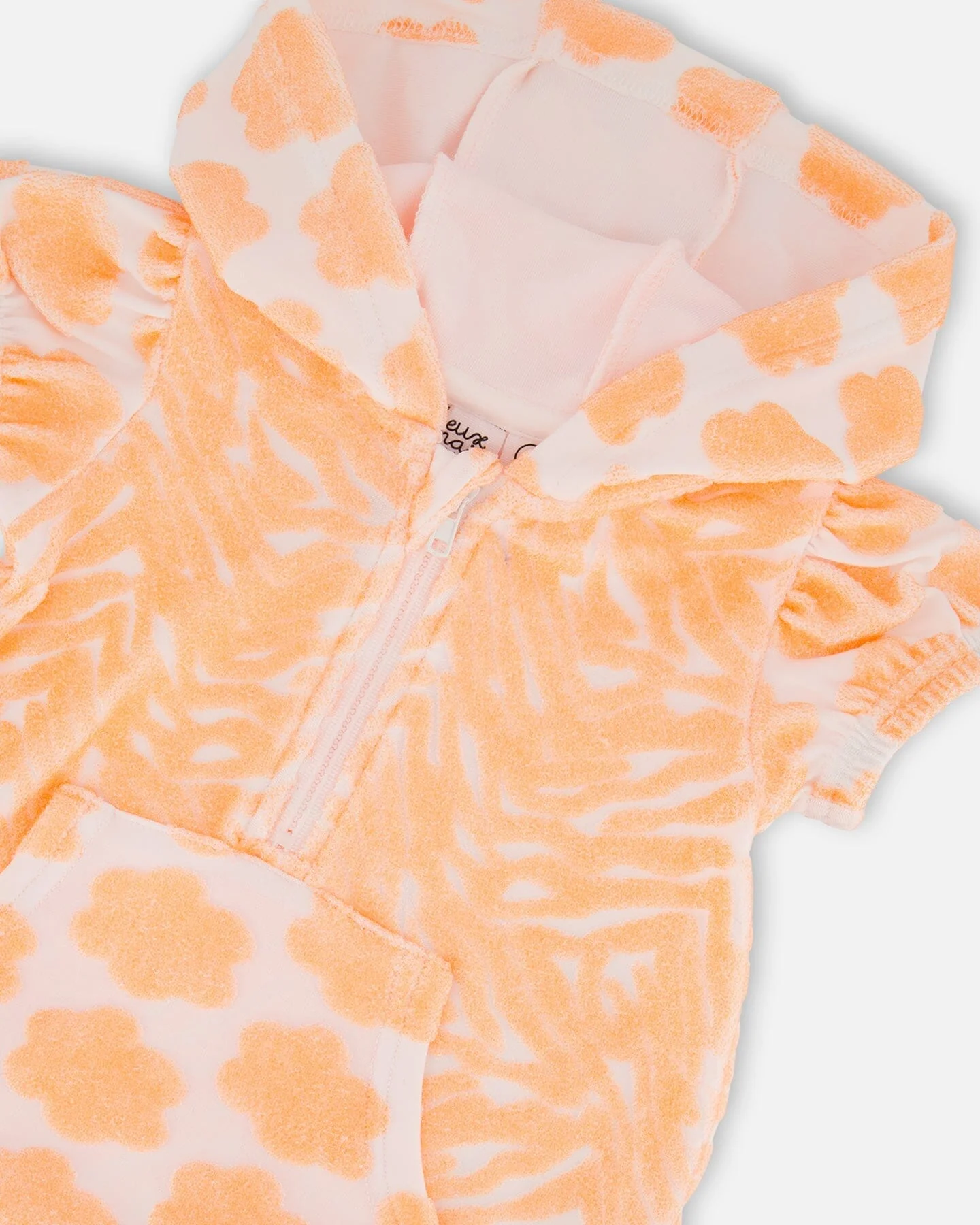 Printed Terry Romper With Hood Vibrant Orange And White