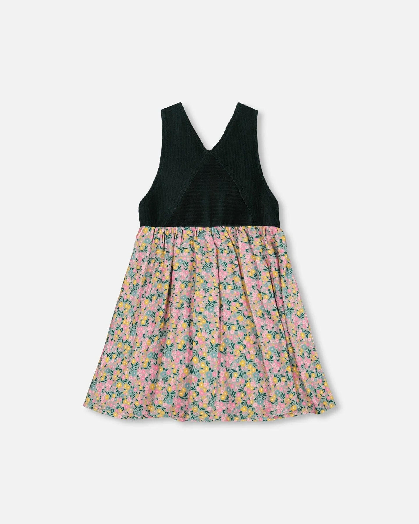Bi-Material Overall Dress Green With Flower Print
