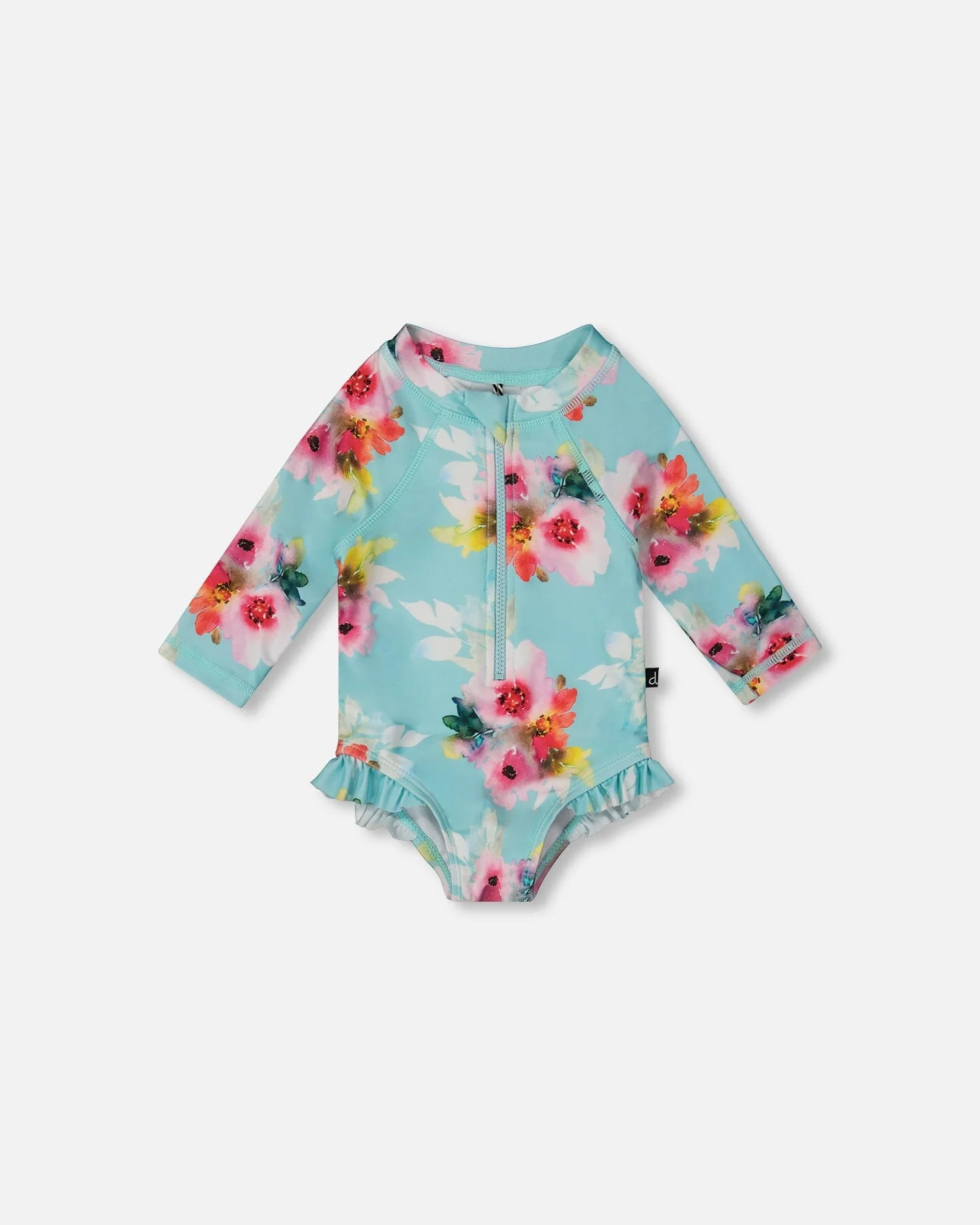 Printed One-Piece Rashguard With Frills Turquoise And Pink Flowers