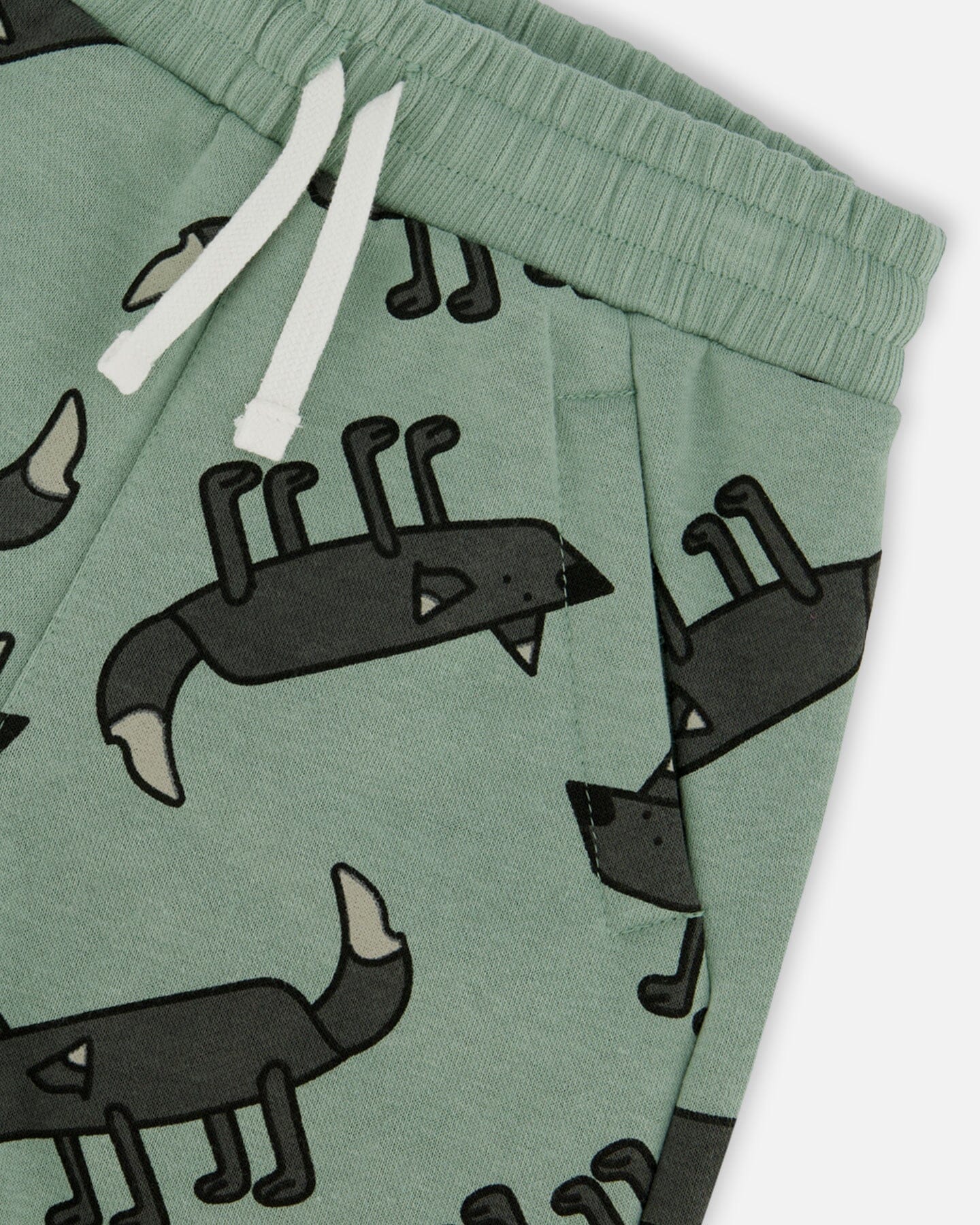 Printed French Terry Short Gray Wolf On Teal Background